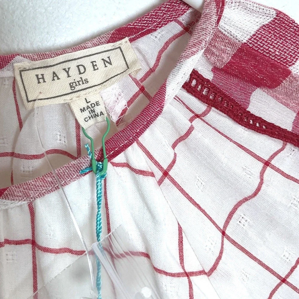 Hayden Girls Red White Plaid Checkered Tassel‎ Peplum Blouse Top Size L NWT